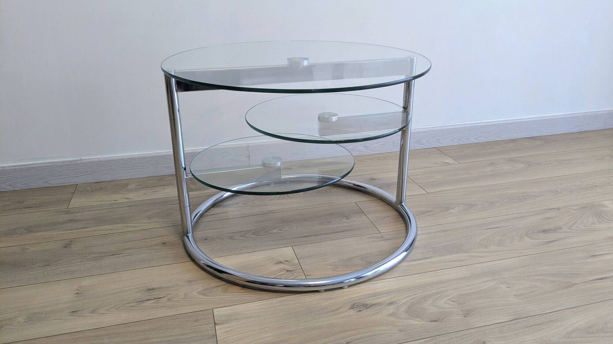 Vintage swivel coffee table with 3 glass and chrome trays – 1980s