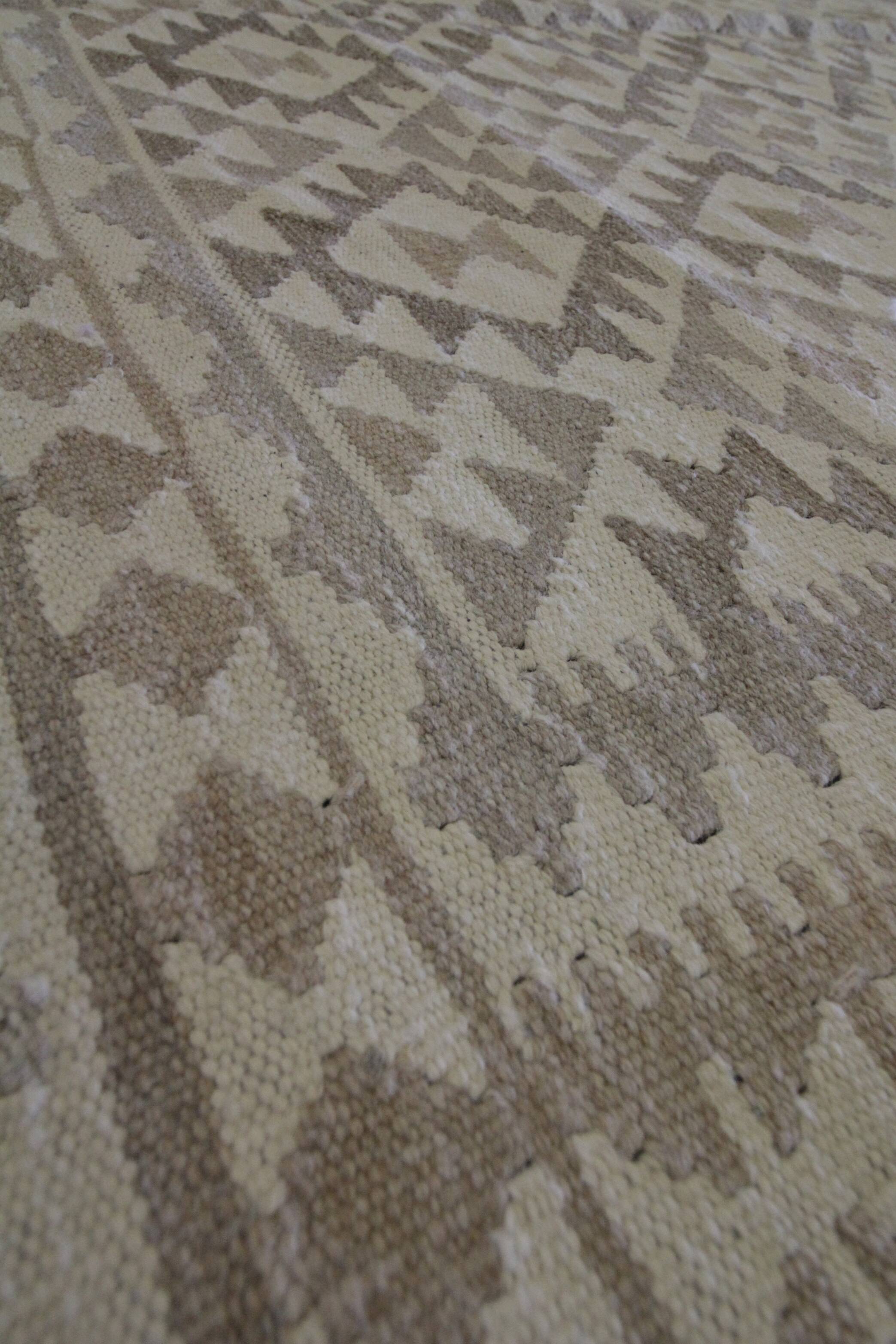 Tapis Kilim kaki-brun, laine afghane tissée à plat, tapis tribal géométrique fait main