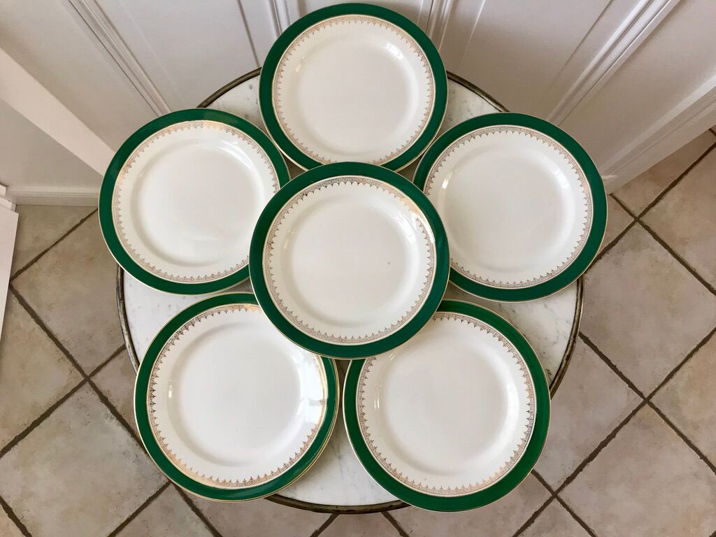 set of 6 flat plates Digoin Sarreguemines model "Martine" green and golden 50s