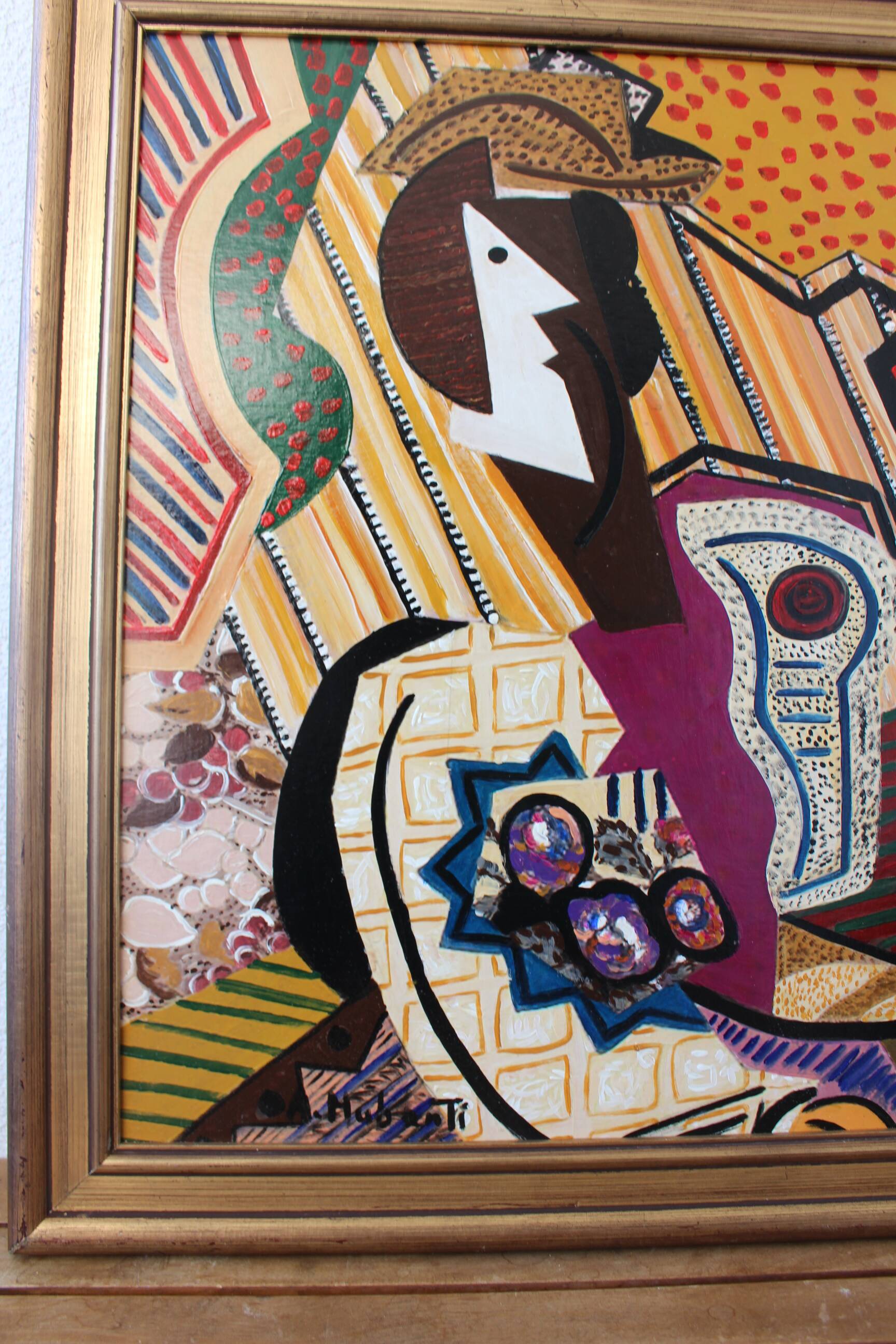 1960s Vintage Cubist Painting of Abstract Figures Composition Modernist, Framed