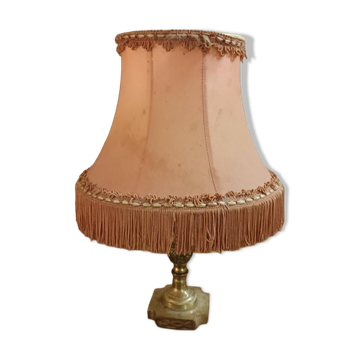 Vintage lamp, pink fringed pagoda shade and brass base.
