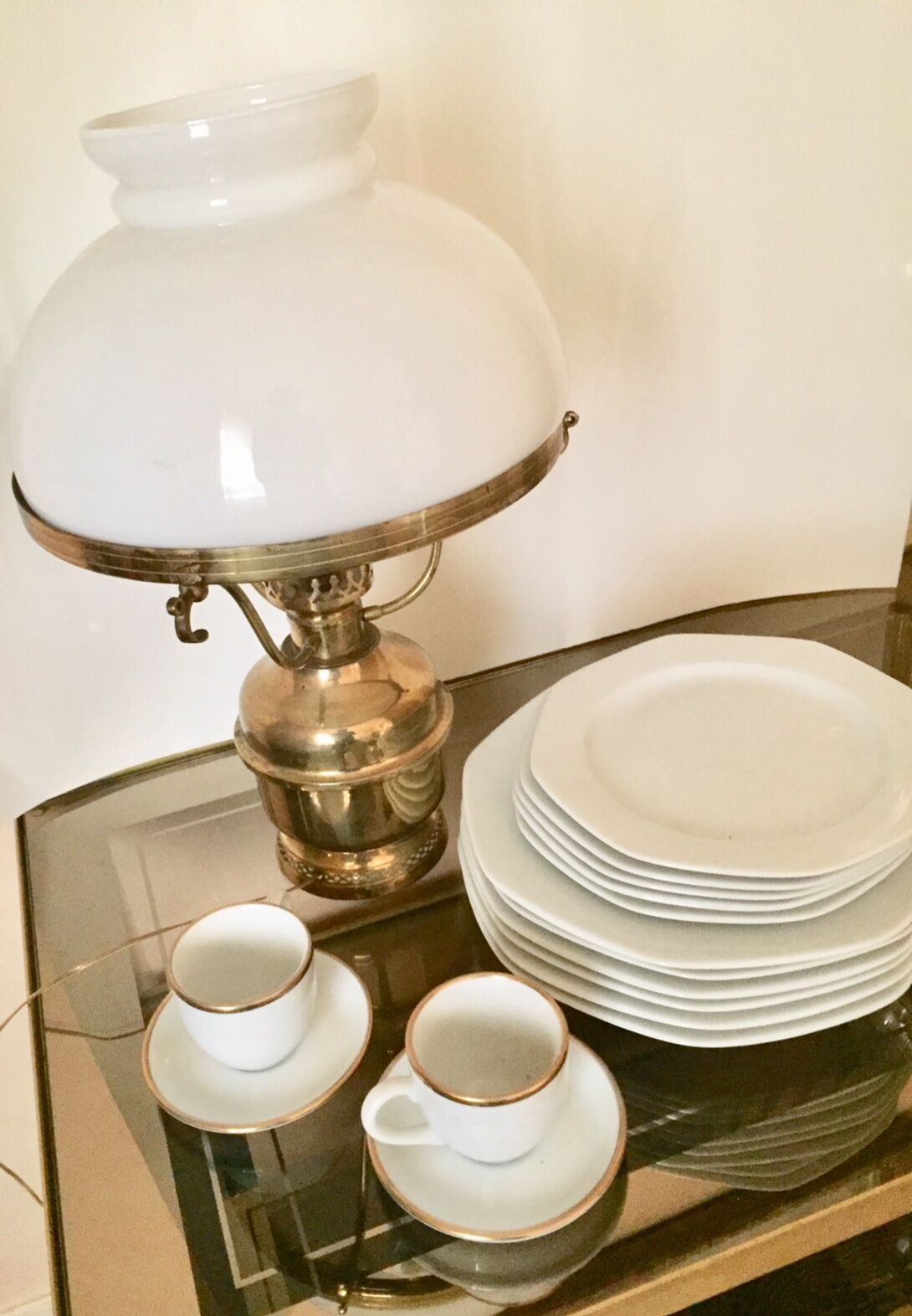 Brass gold and opaline table lamp