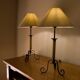 Pair of wrought iron and rope table lamps, adjustable lampshade.
