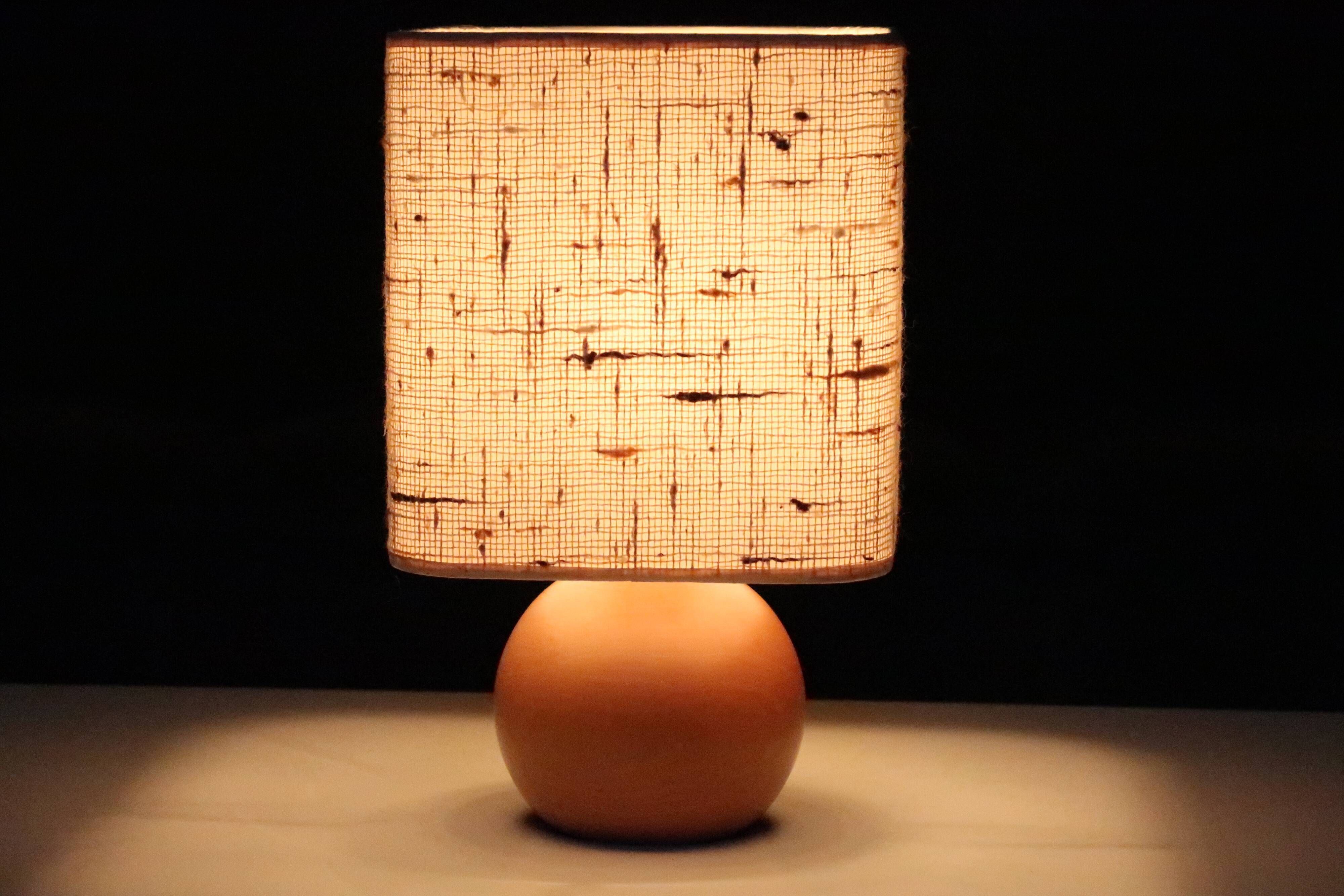 Lamp "ball" in blond wood, fabric lampshade, 70s