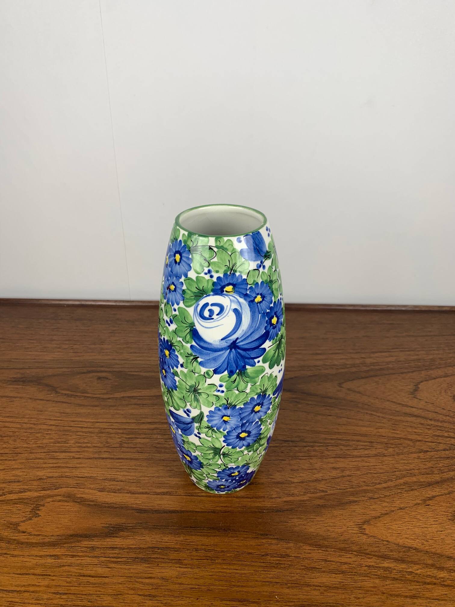 Italian San Marino Titano Vase, Green and Blue Floral Pattern, MCM