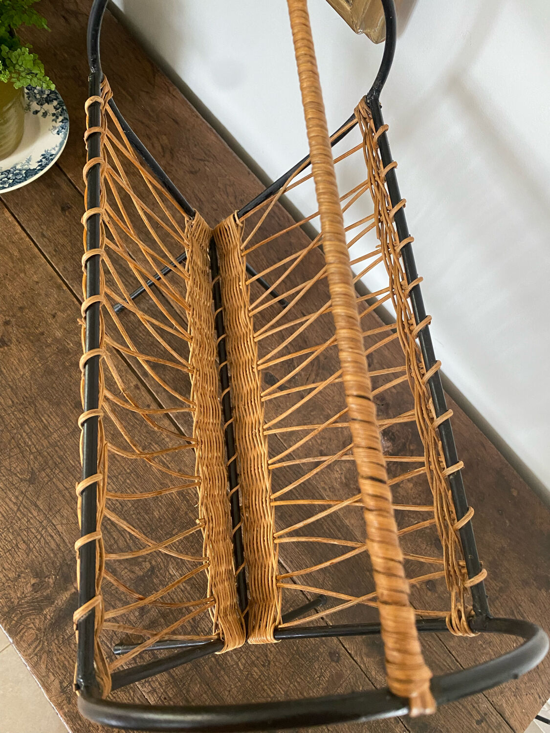 Rattan magazine holder, vintage wicker, rattan newspaper holder and wrought iron