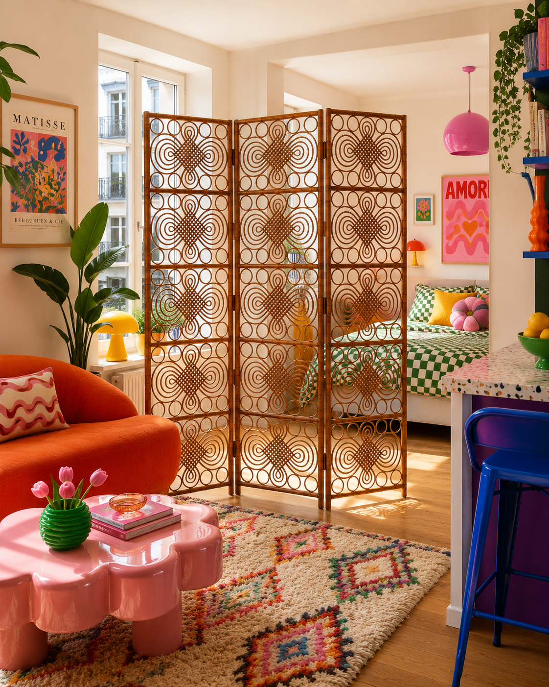 Vintage 1960s curved rattan screen