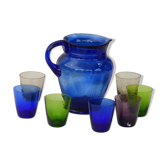 Service consisting of a blue glass carafe and 7 glasses of old colors, vintage 1940/50