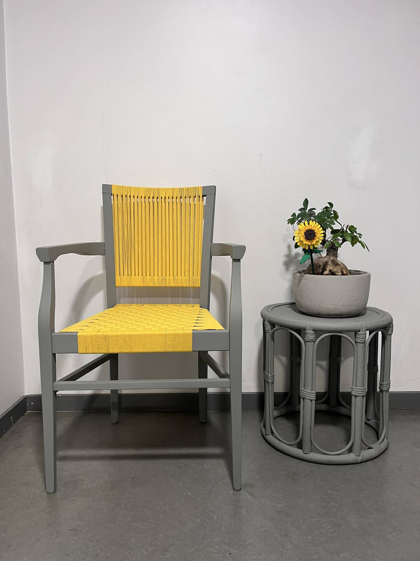 Revisited vintage armchair – handmade yellow weaving