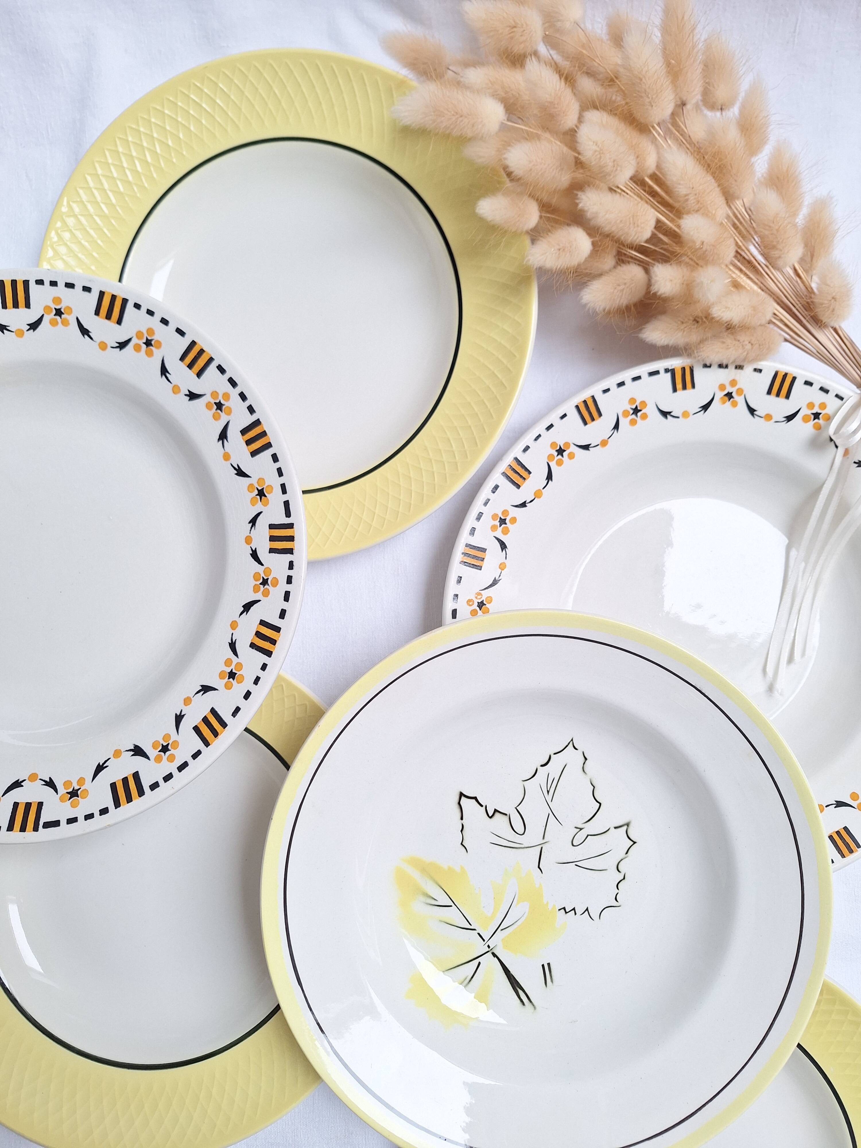 Vintage yellow soup plates from Moulin des Loups, Gien, Sarreguemines