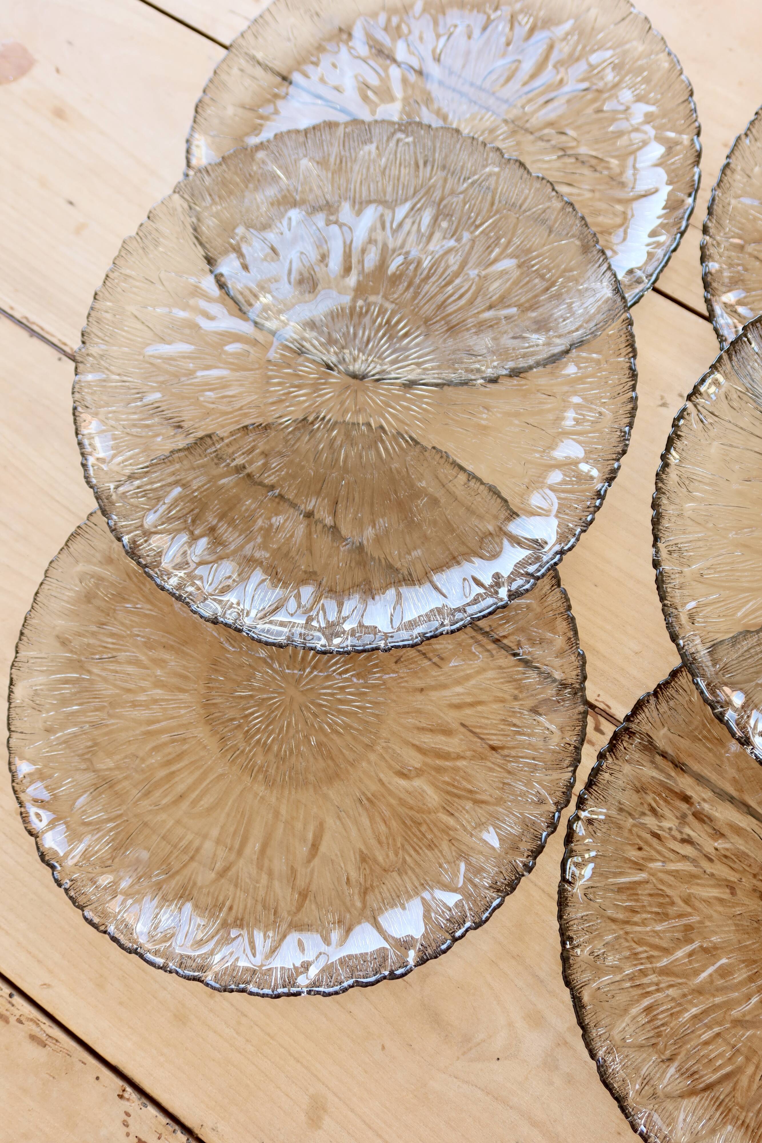 6 vintage dessert plates in smoked glass – Floral relief petal effect