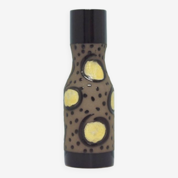 Vintage brown & yellow polka dot narrow vase strehla