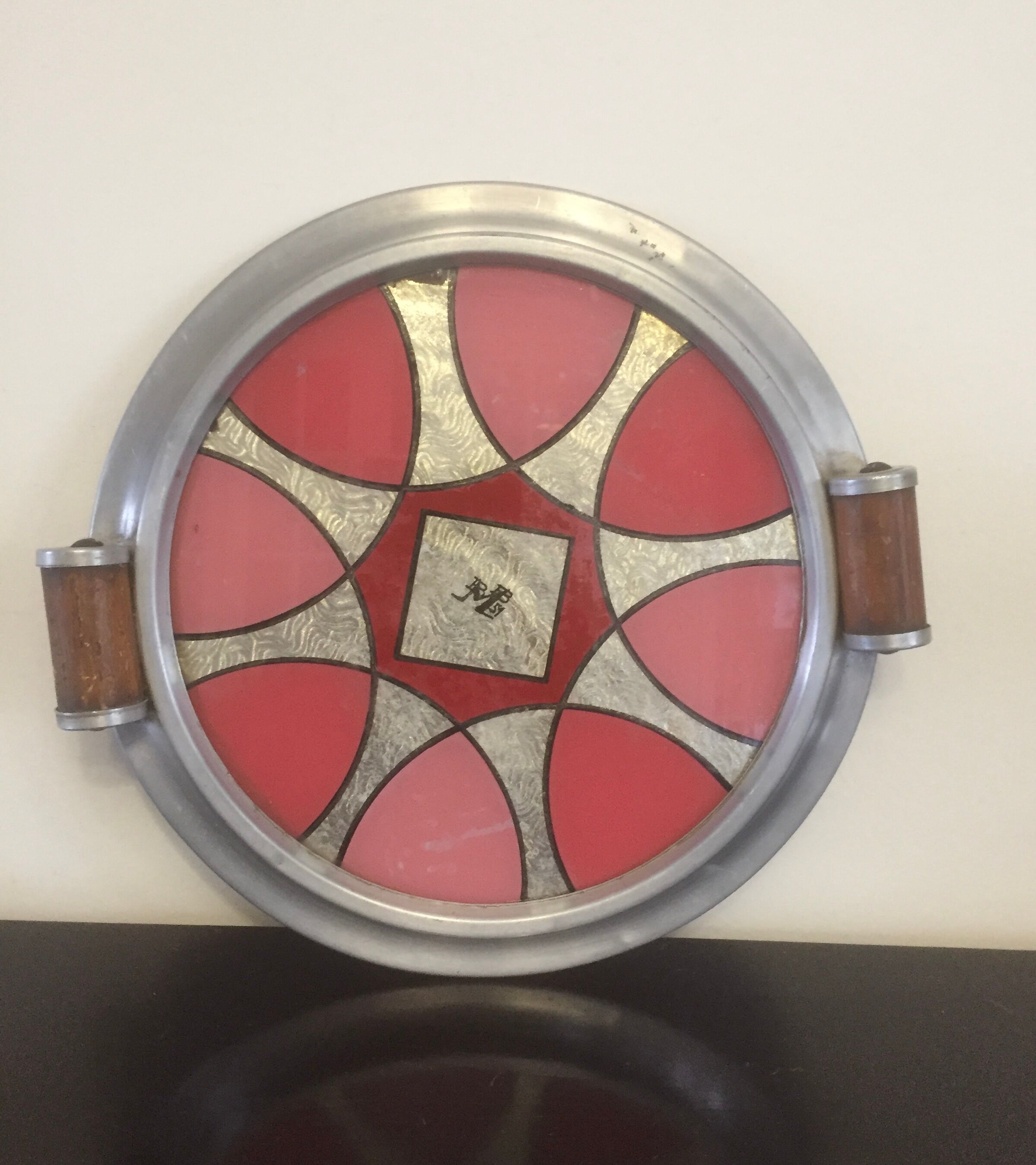 Plateau aluminium bois verre art déco vintage