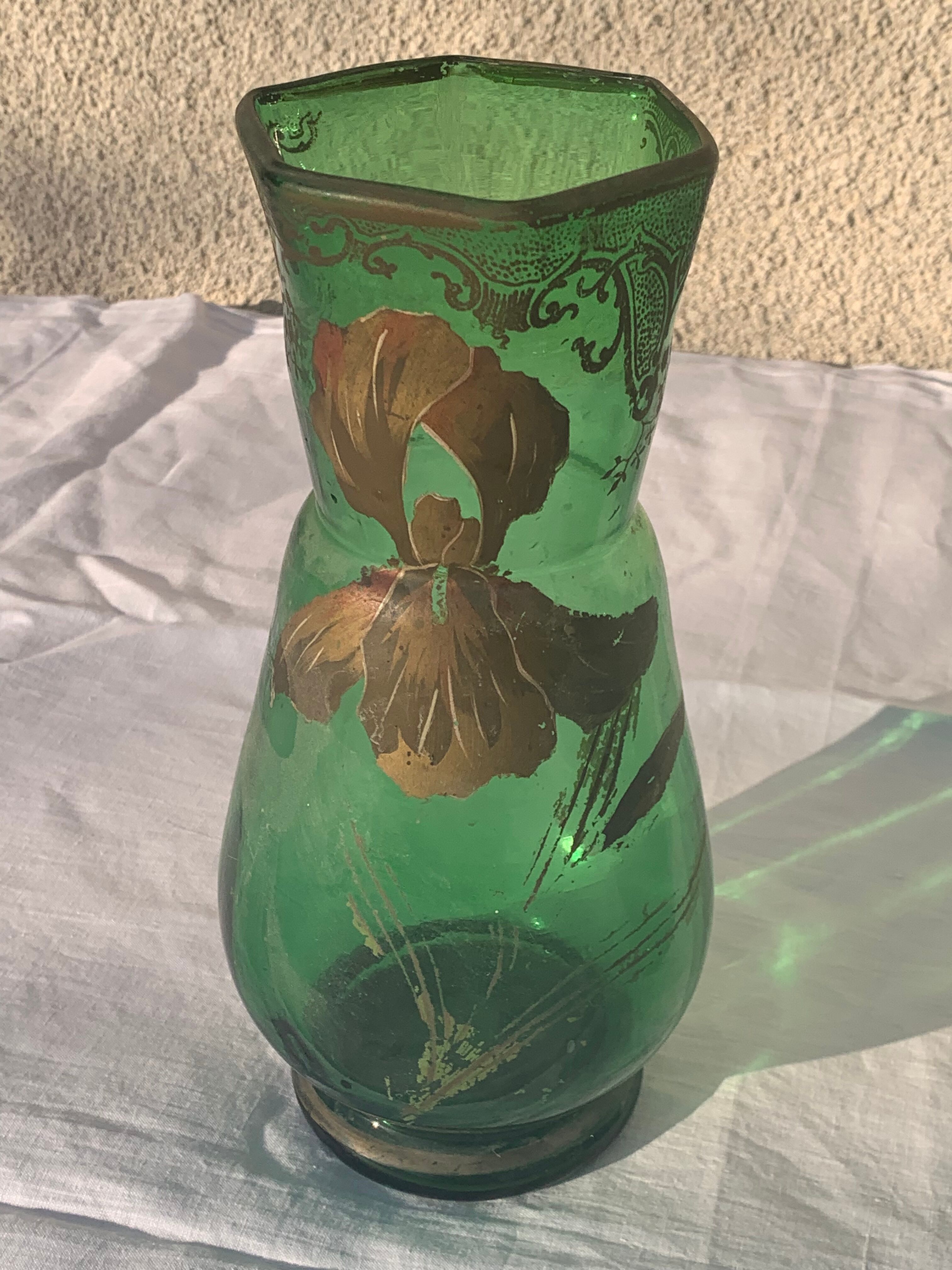 Pair of iris vases gilded transparent glass green and iris hand painted art nouveau, collector