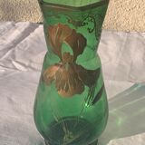 Paire de vases aux iris dore verre transparent vert et iris peint a la main art nouveau, collector