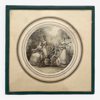 Lithograph engraving old romantic scene under glass