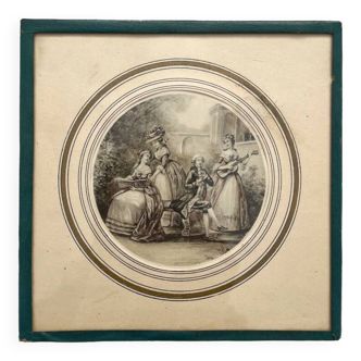 Lithograph engraving old romantic scene under glass