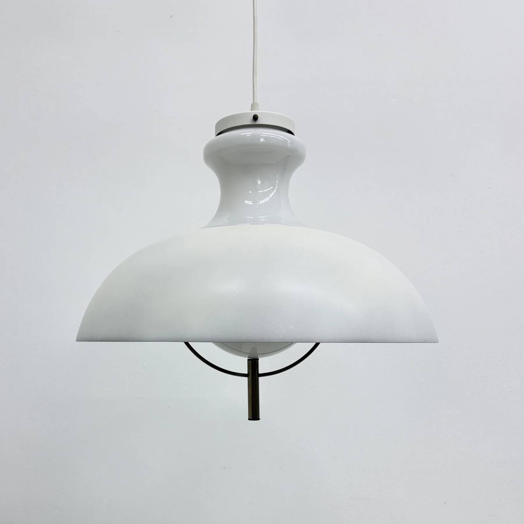 Vintage glass hanging lamp with metal shade minimalist design, 1970s