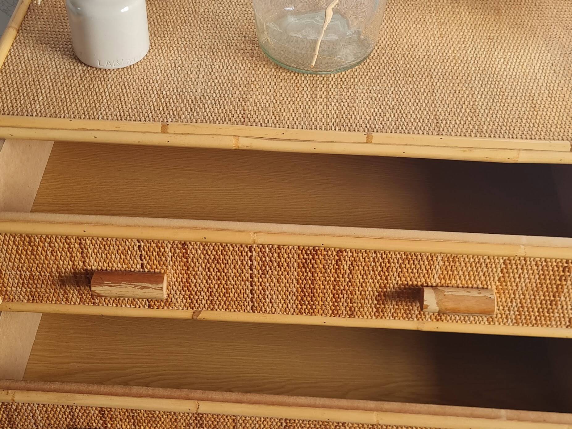 Vintage rattan chest of drawers from the 1970s.