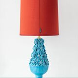Turquoise glazed ceramic floral table lamp from Manises mid-century, with a new silk shade.
