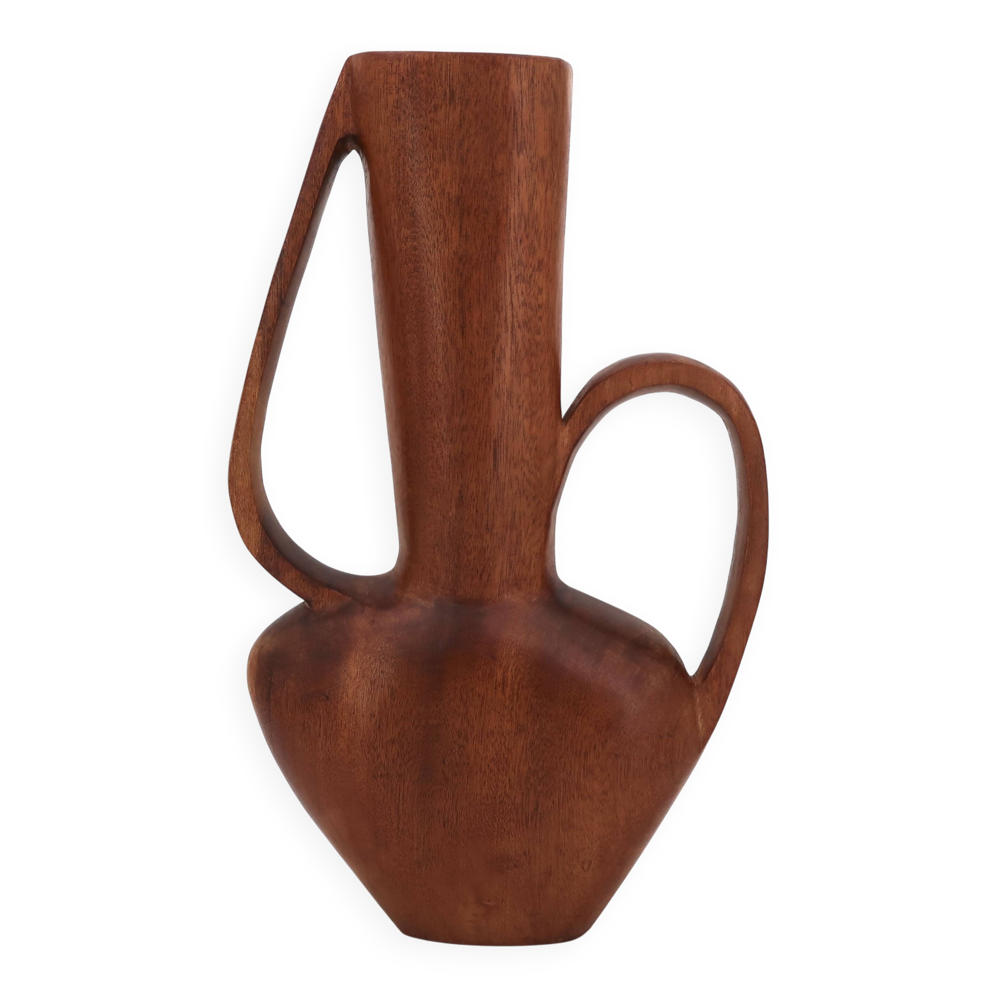 Grand vase jarre à anses sculptural en bois, années 50