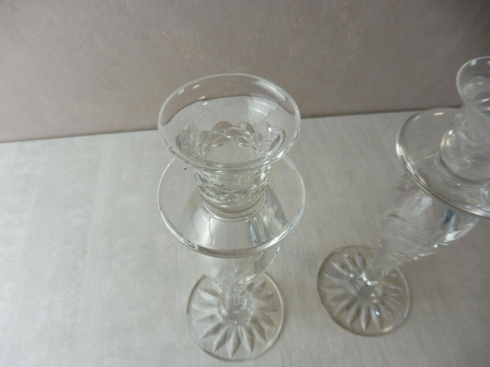 Pair of old carved engraved crystal candlesticks, Sirius style, Saint Louis