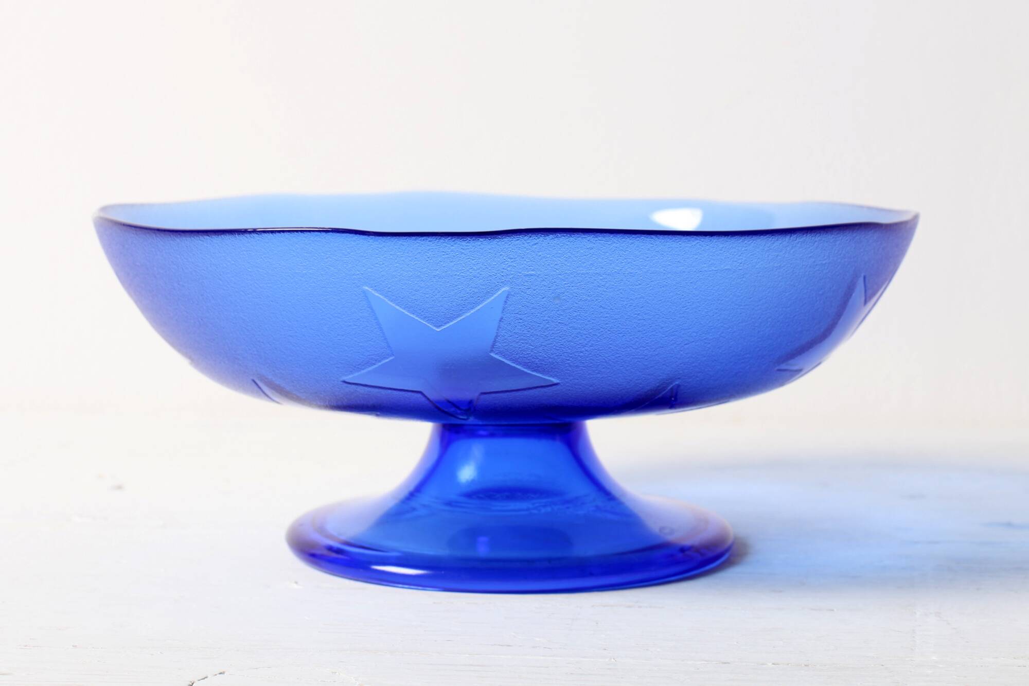 Blue Pressed Glass Pedestal Bowl with Stars Pattern / Italy / 2000s