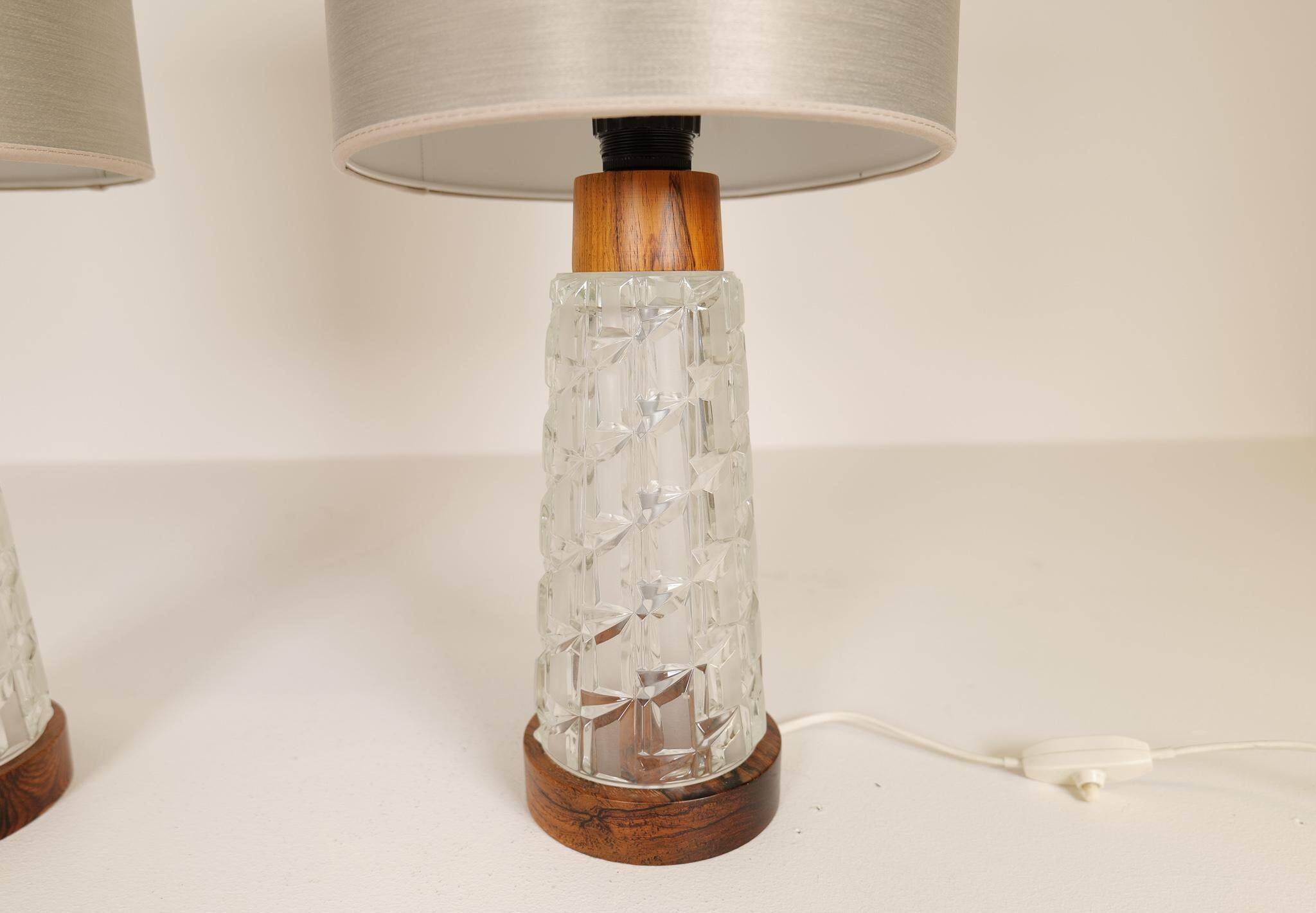 Midcentury table lamps Orrefors teak and glass Sweden
