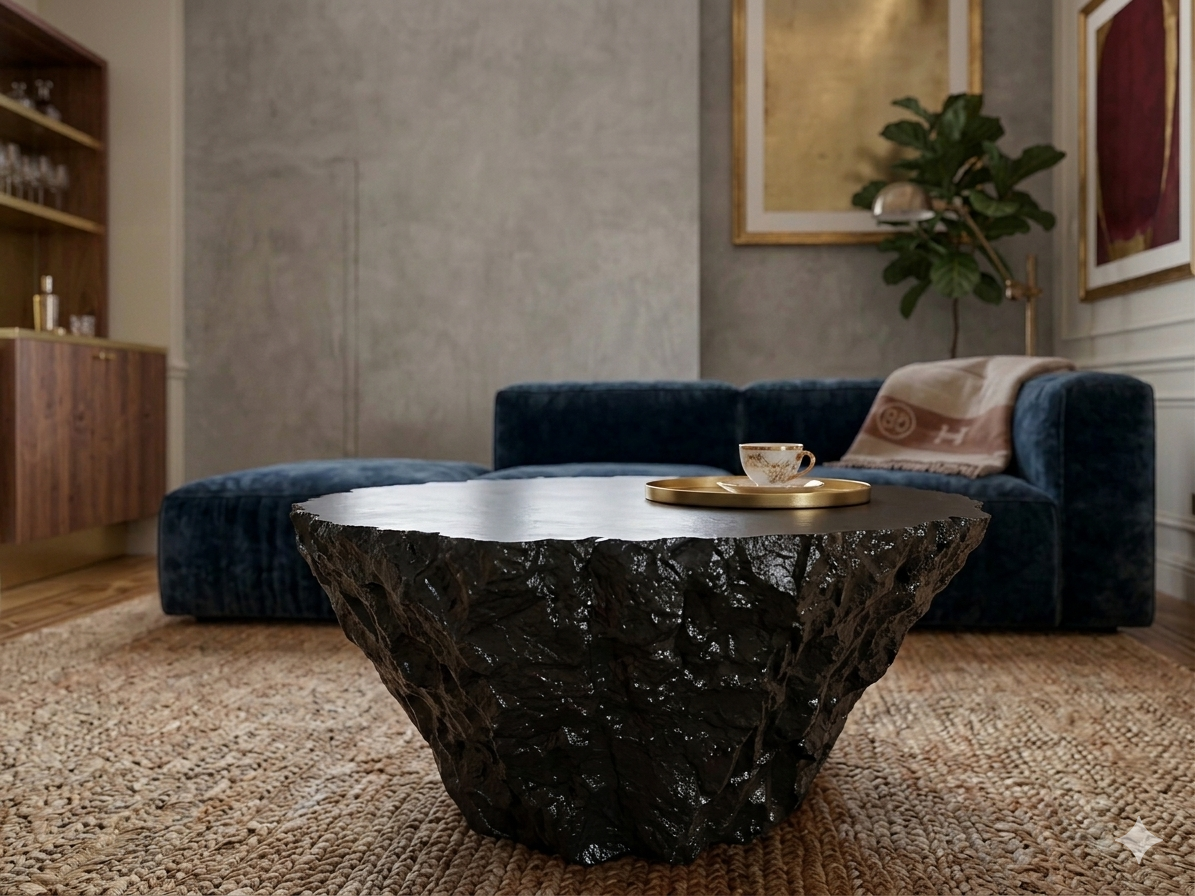 Table basse sculptée brutaliste “Météorite” – pièce unique