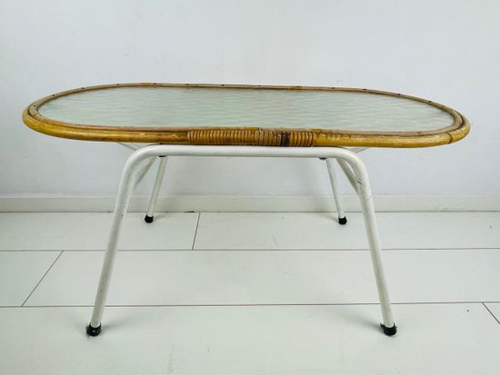 Vintage rattan and glass table with 70s steel frame