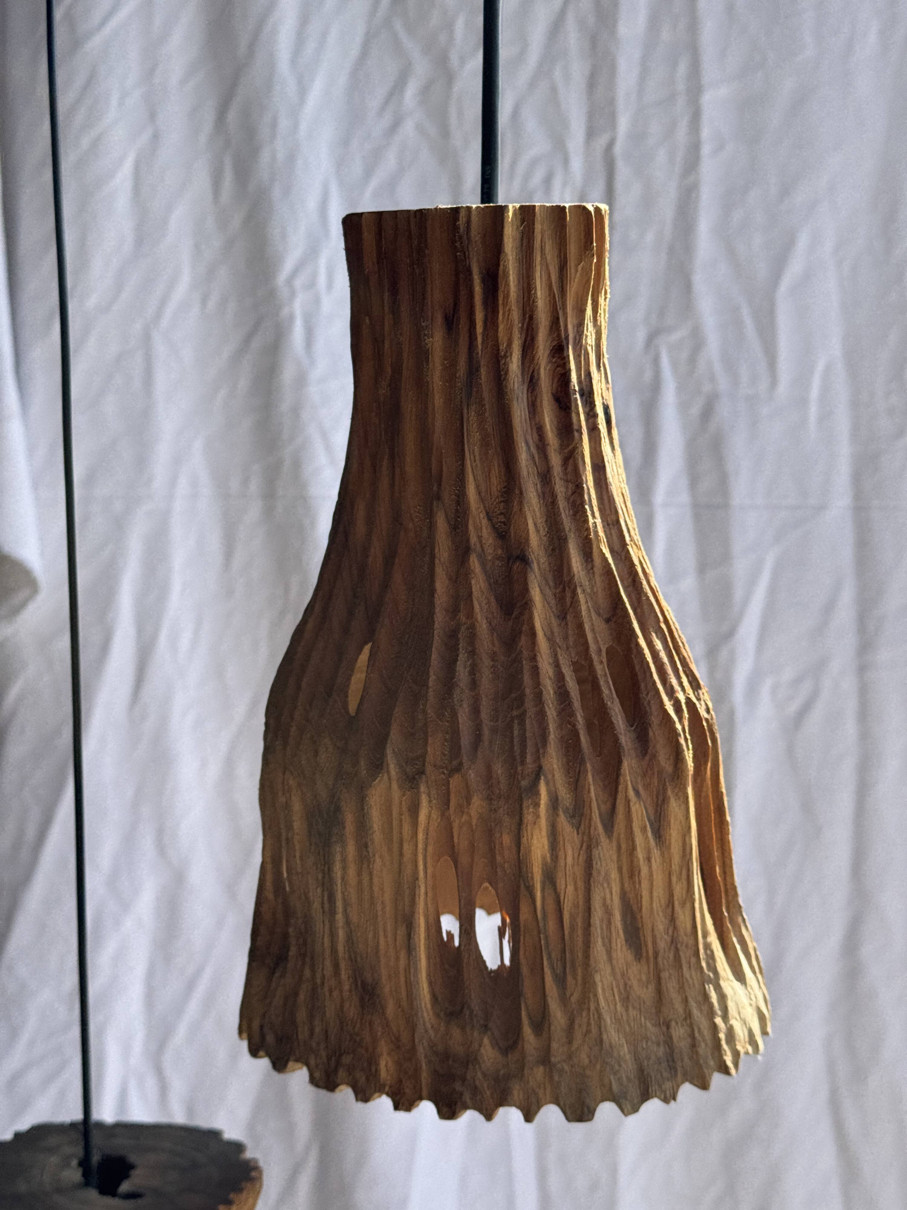Suspension or lampshade in natural organic teak, tubular, H30 D22.