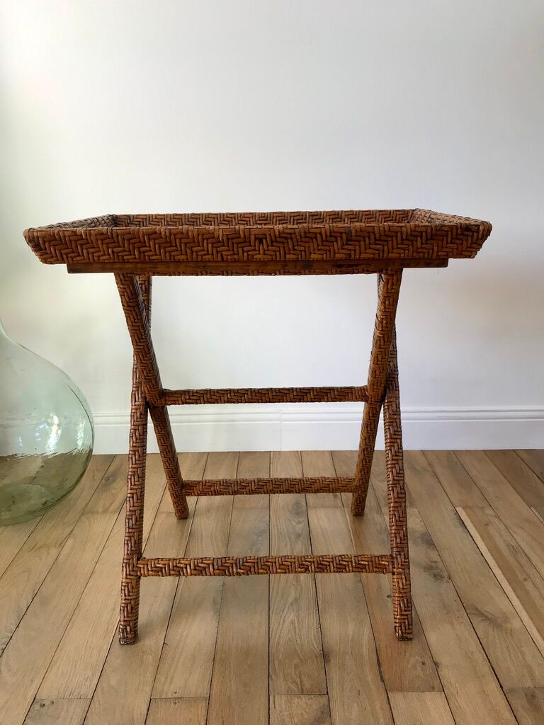 Rattan console exotic wood vintage removable tray 70s