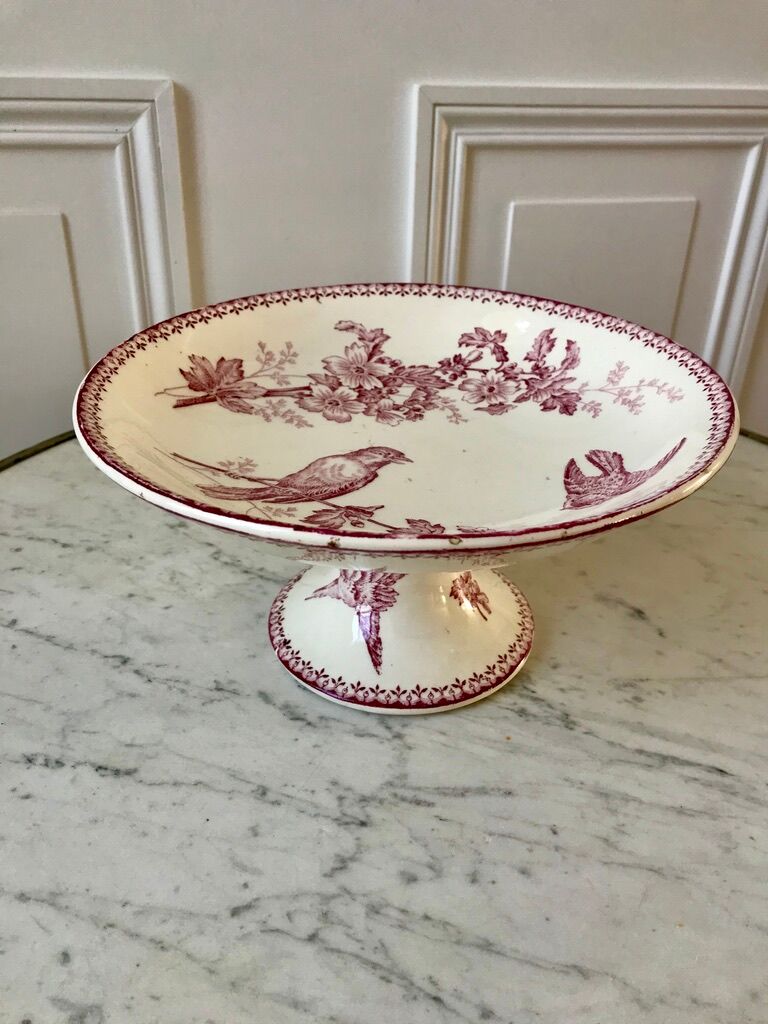 Compotier high in Terre de Fer Longwy model "Mésange" pink 1880 - XIXth