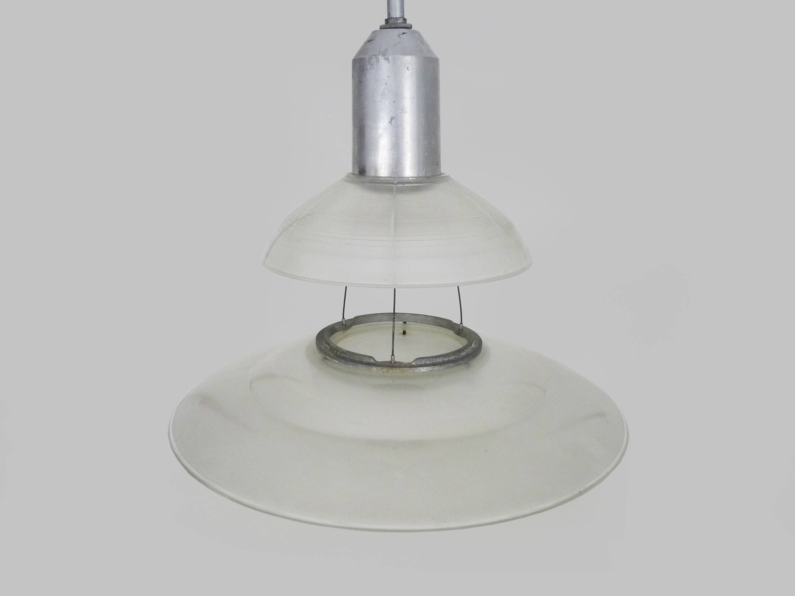 Chandelier, Space Age Flying Saucer Pendant Light, Holophane Style, Industrial Glass. 70s