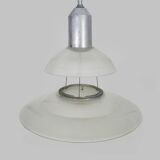 Chandelier, Space Age Flying Saucer Pendant Light, Holophane Style, Industrial Glass. 70s