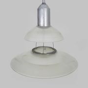 Chandelier, Space Age Flying Saucer Pendant Light, Holophane Style, Industrial Glass. 70s