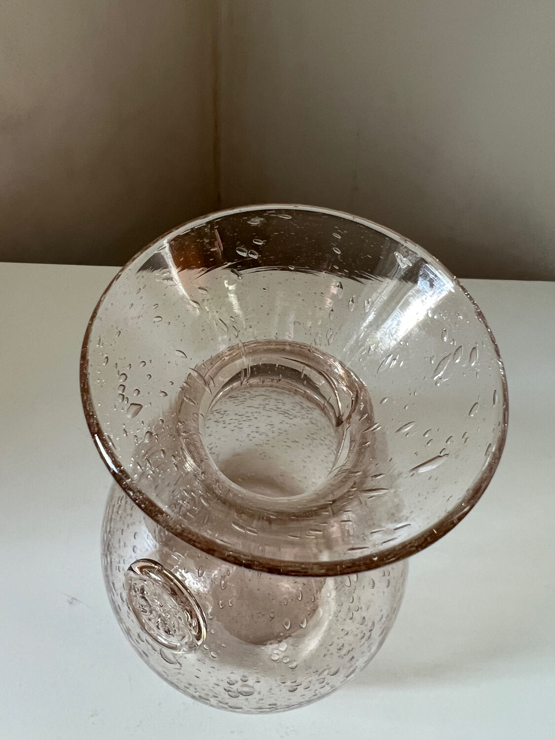 Biot water or wine carafe, pink bubble glass