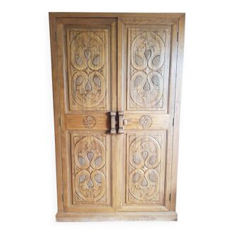 Ethnic chic hand-carved wardrobe solid wood - unique piece made to order