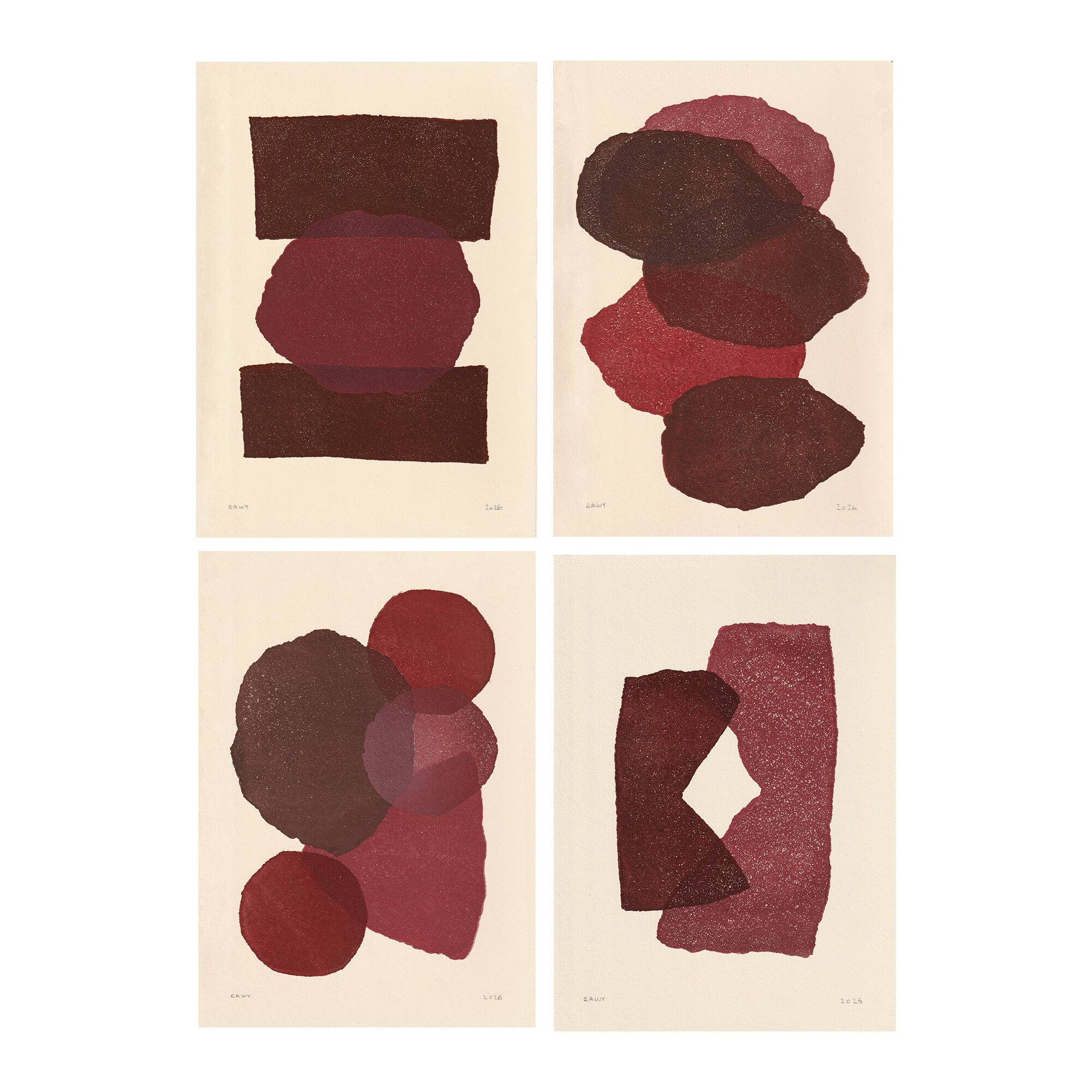 Collection of 4 abstract paintings in wine red signed Eawy.