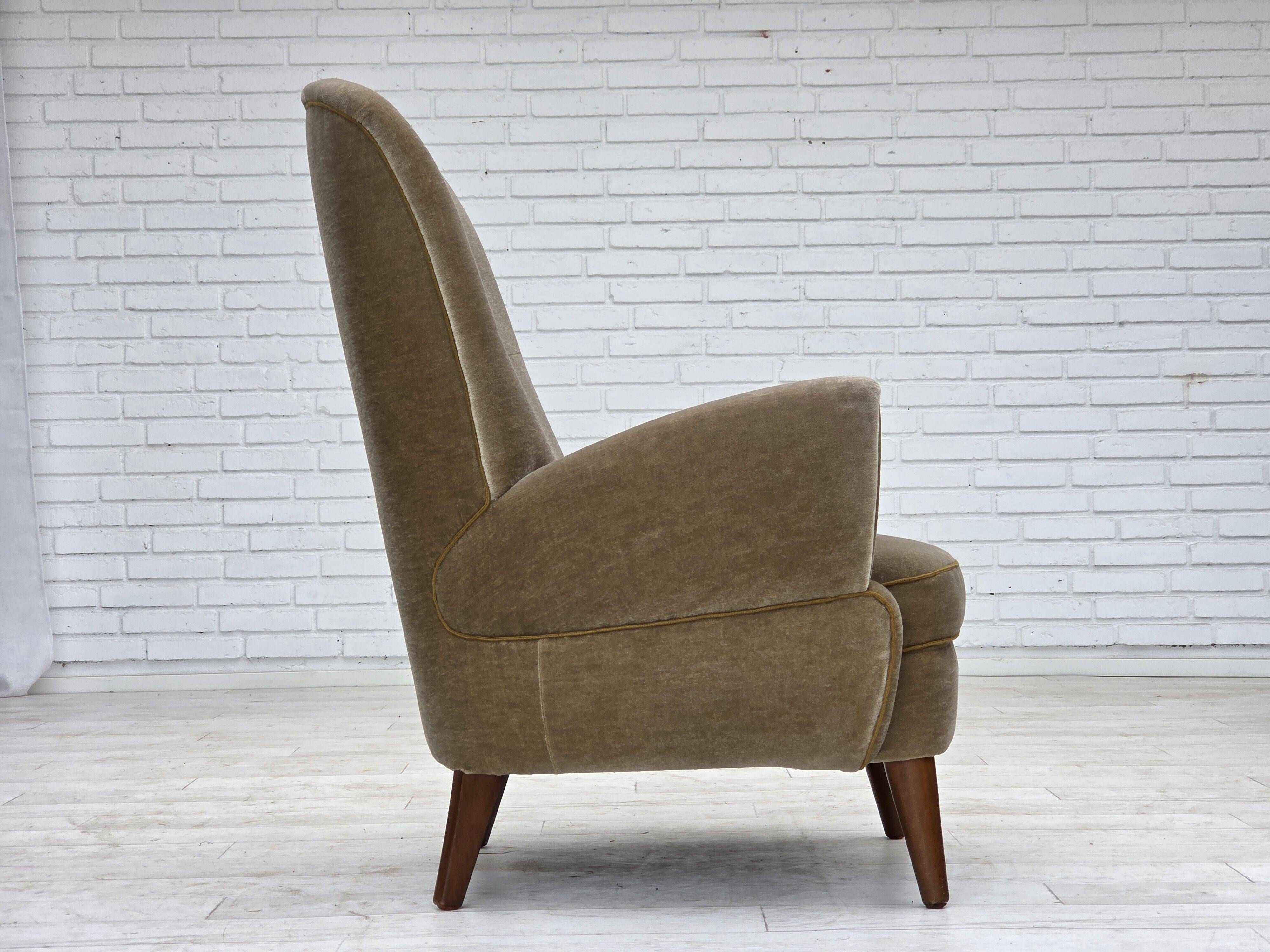 1970s, Danish armchair, green furniture velour, beech wood legs.