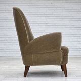 1970s, Danish armchair, green furniture velour, beech wood legs.