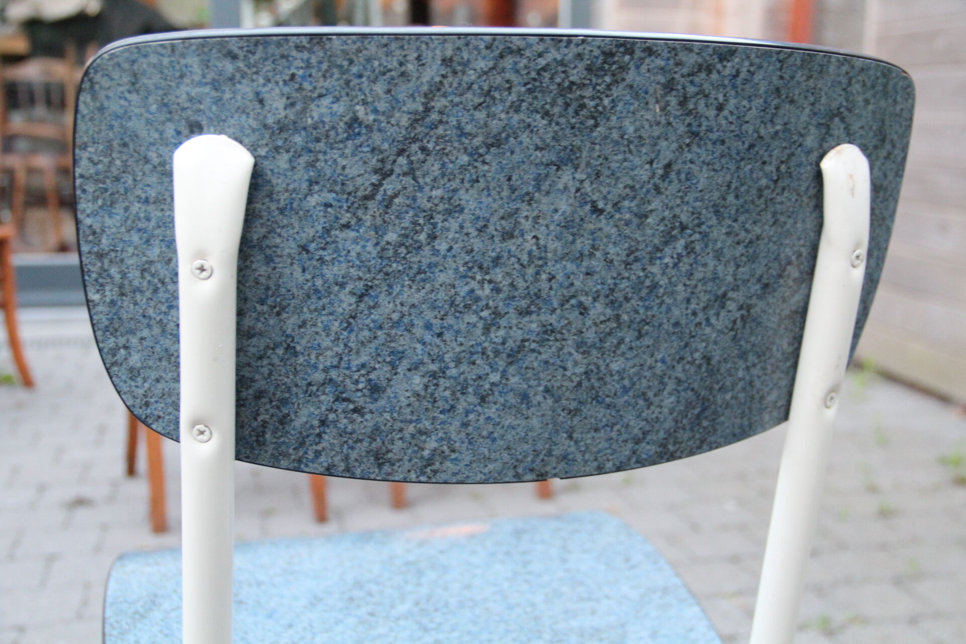 2 blue Formica cjaises, circa 1950