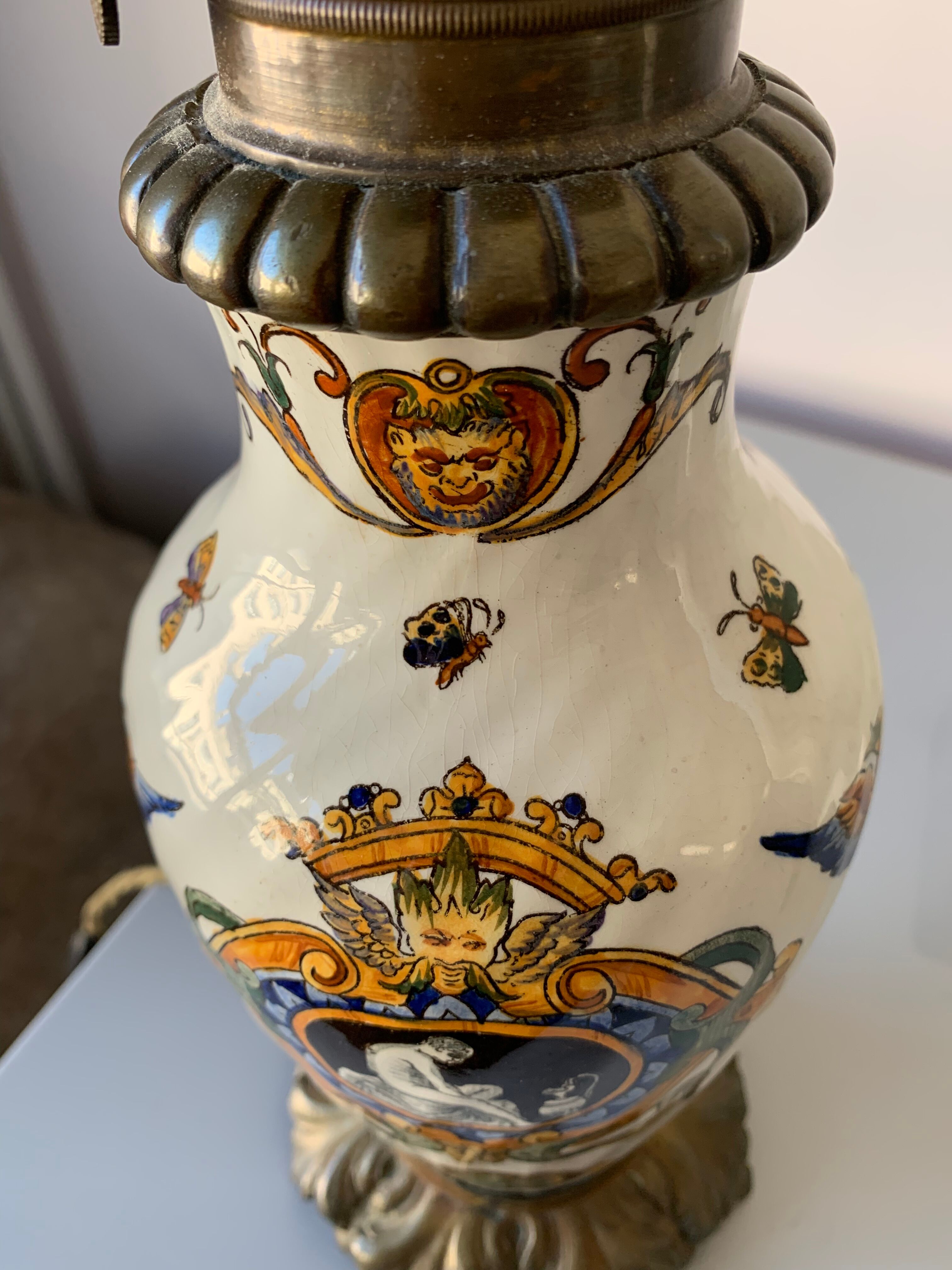 Old faience lamp foot of Gien Renaissance decoration 1876