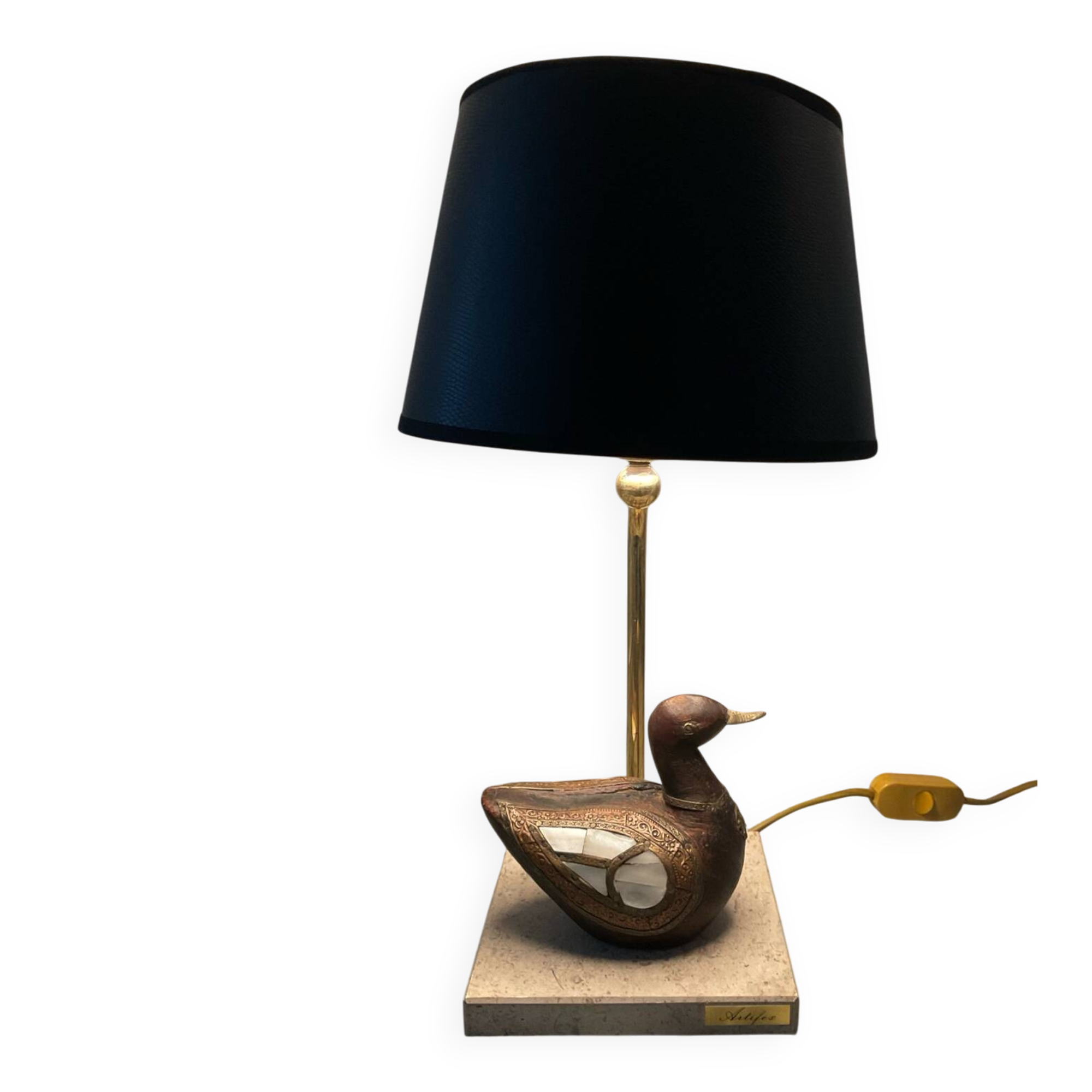 Artifex lamp with cloisonné wooden birds and travertine from the 1960s-70s.