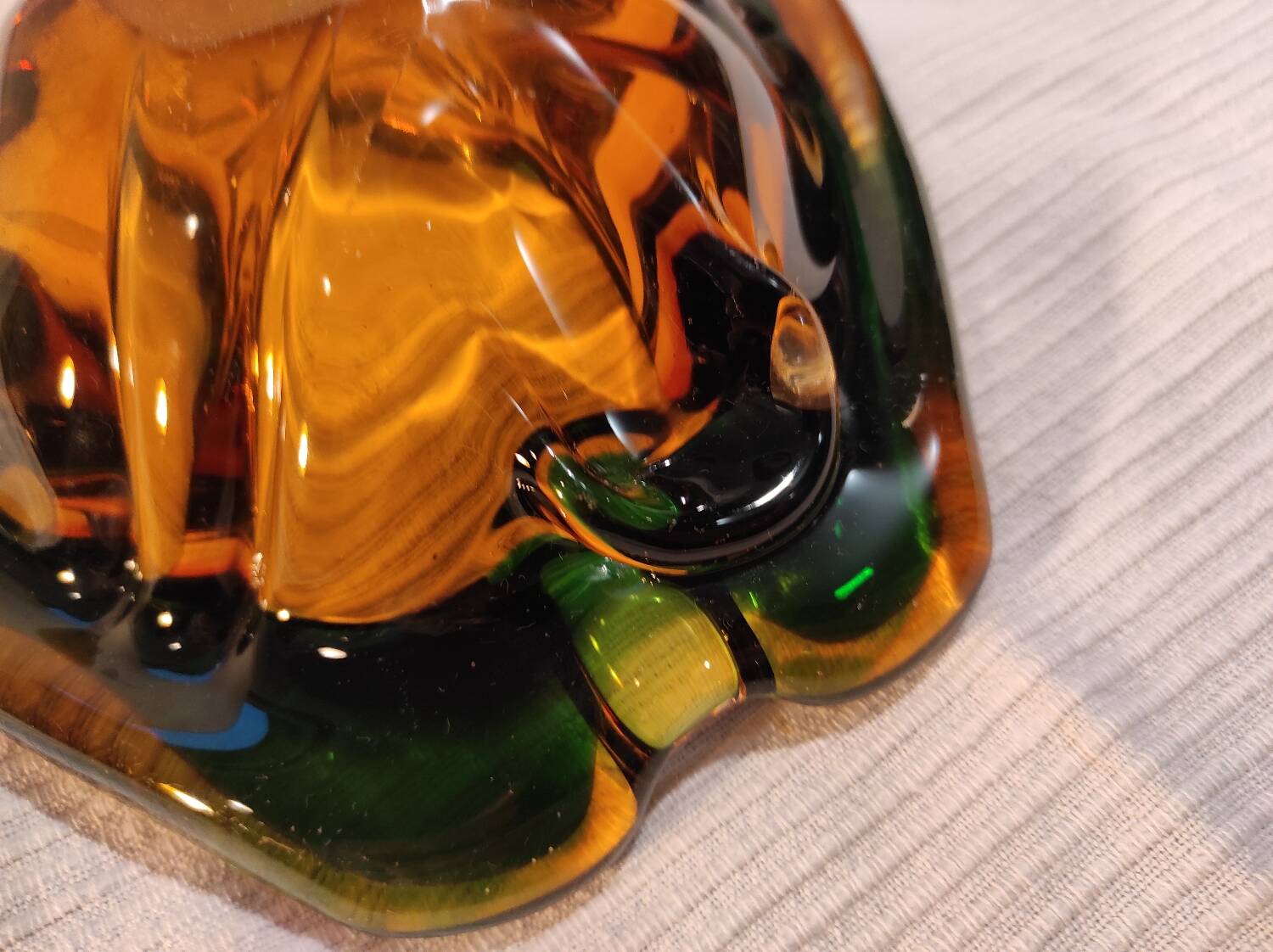 Murano green and yellow blown glass ashtray, 1970