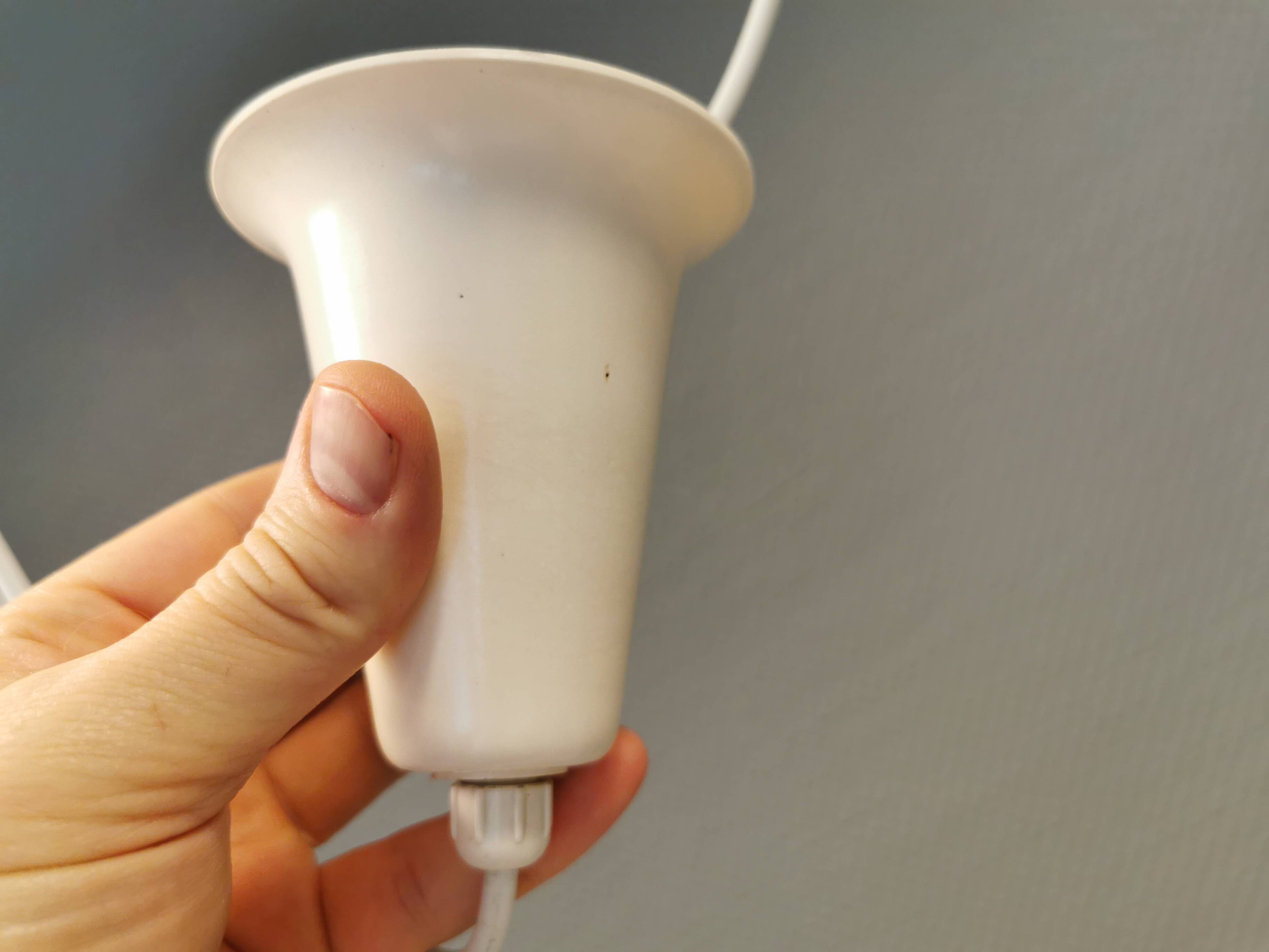 Old hanging lamp in milky white opal glass and brass top/suspension. Danish design 1930s