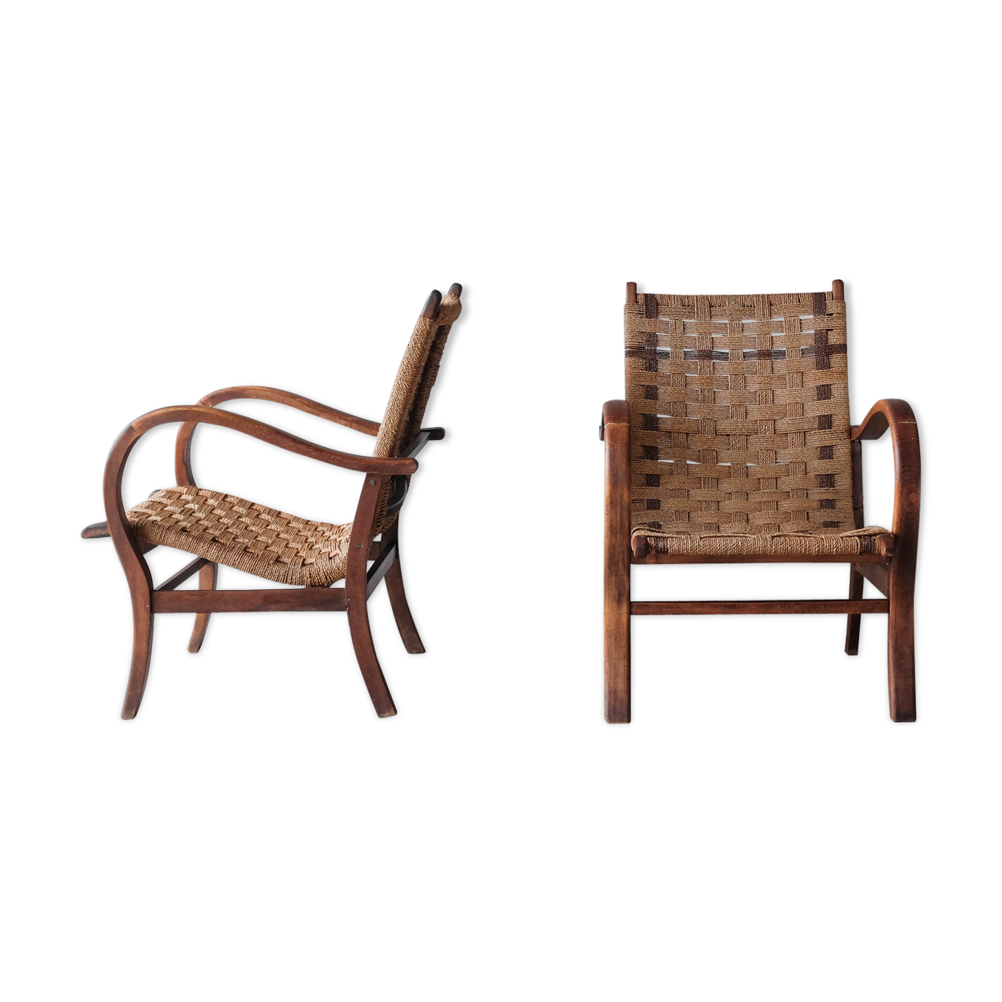 Pair of Vroom & Dreesman braided rope chairs, Netherlands, 1960s