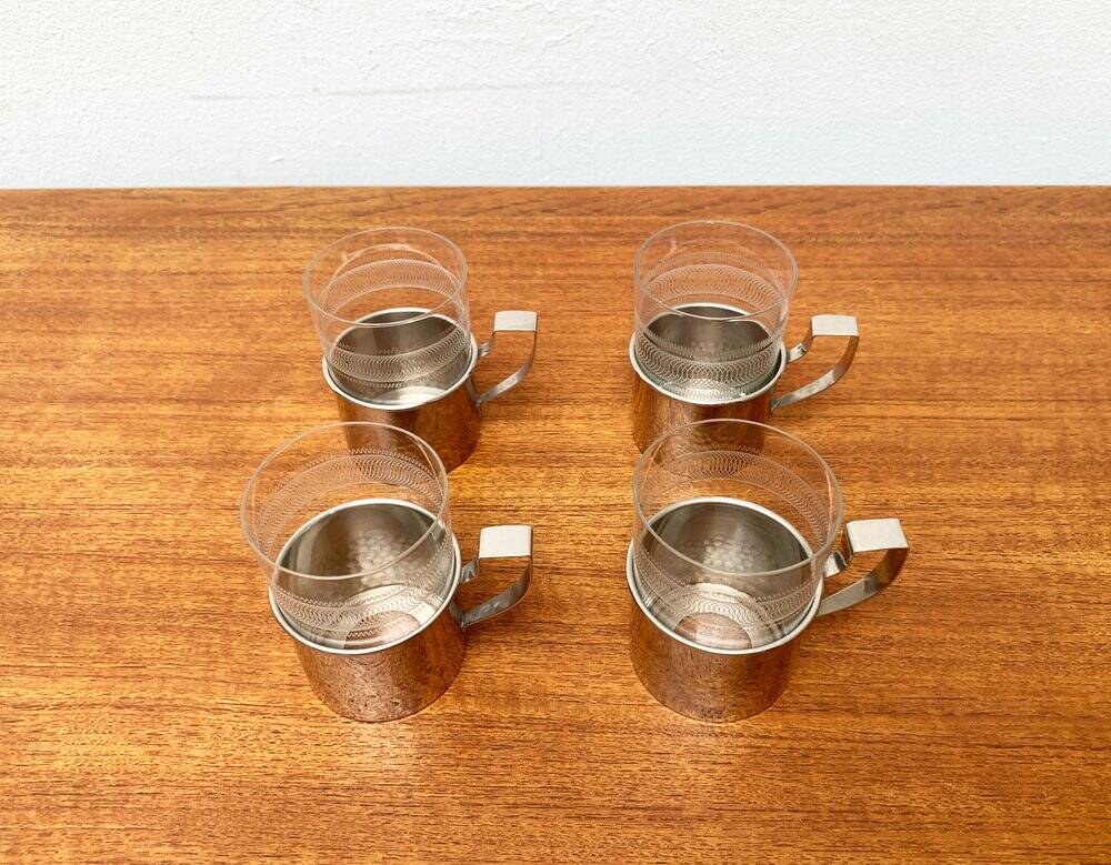 Vintage tea glasses RDA from East Germany by MUQ, Metallwarenfabrik Union Quedlinburg, set of 4.