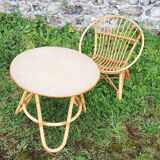 Old armchair & table for children in rattan