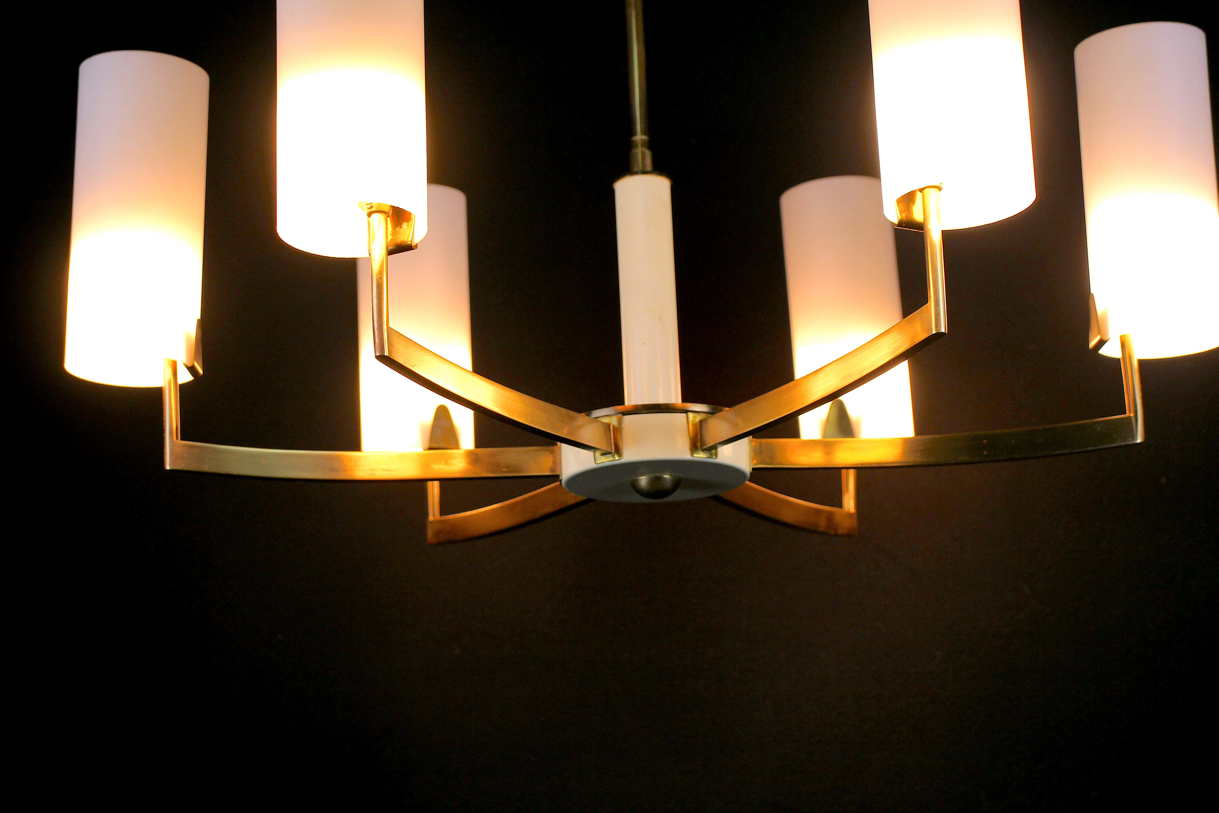 Brass and white chandelier, six opalines, Italy